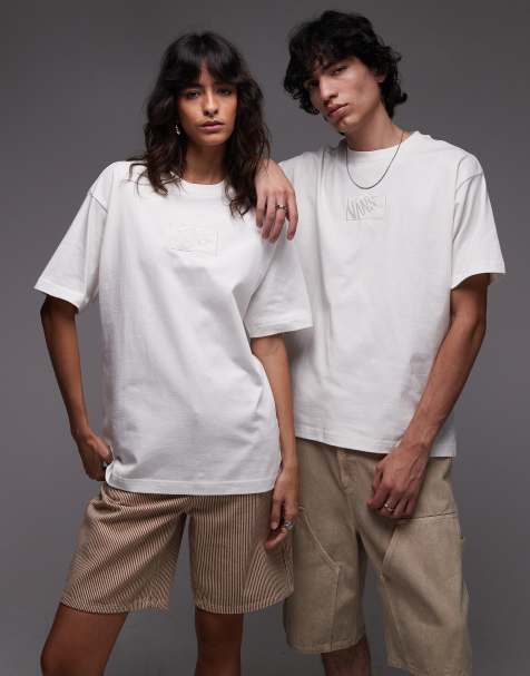 Vans – Naturvit, ledig t-shirt med centrerad, boxlogga ton-i-ton - view 1