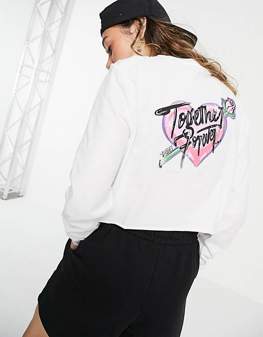 Vans Occasion back print crop long sleeve t-shirt in white