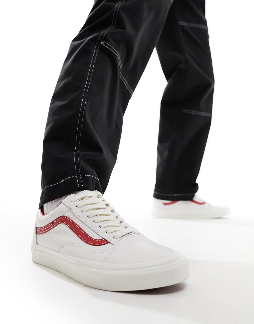 Vans Old Skool Leather Sneakers In White With Red Detailing