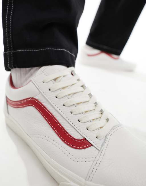 White vans with hot sale red stripe old skool