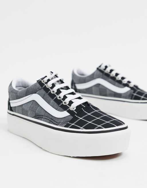 Vans Old Skool Black White Plaid Checkered Canvas Platform Shoes