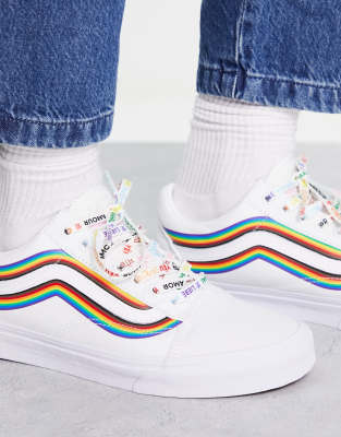 white old skool vans with rainbow stripe