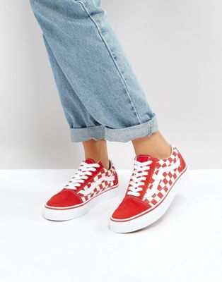 vans old skool primary check trainers in red
