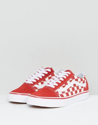 vans old skool primary check trainers in red
