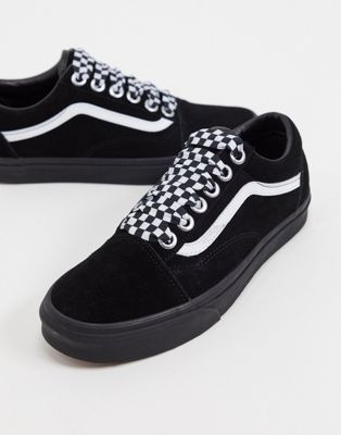 black vans with checkerboard laces