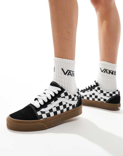 Vans Old Skool sneakers with oversized laces in black and white checkerboard with gum sole - view 1