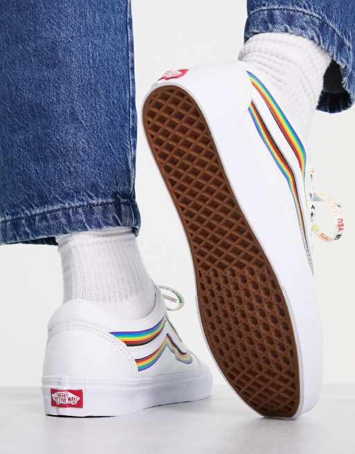 White old skool outlet vans with rainbow stripe