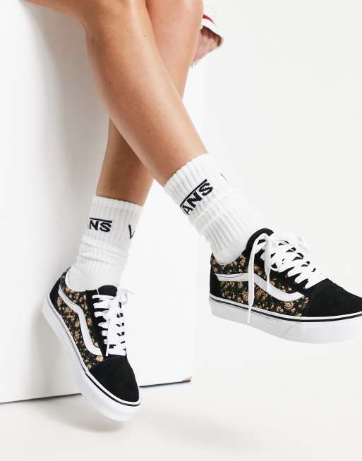 Vans - Old Skool - Sorte sneakers med blomstermønster 