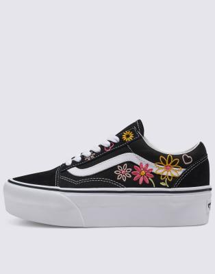 Old Skool stackform sneakers with floral embroidery in black and white