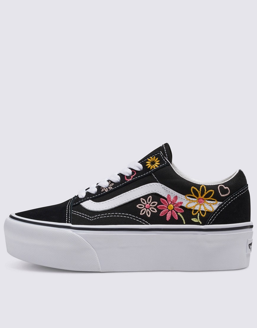 Vans Old Skool Stackform Sneakers With Floral Embroidery In Black And White