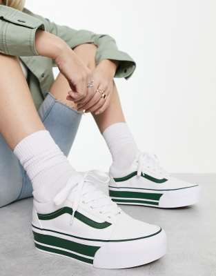 Vans Old Skool Stackform Trainers In White With Green Sports Stripes