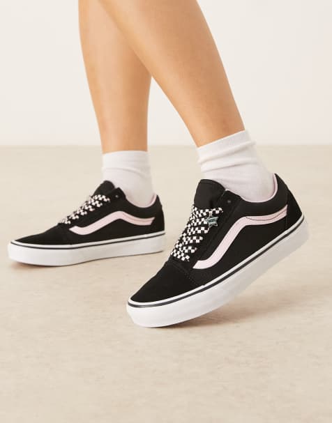 Vans Old Skool trainers in black and pink with printed laces and charm detailing - view 1