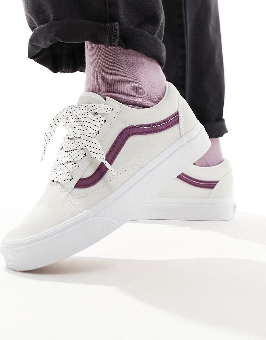 Vans Old Skool trainers in off white and deep purple with lace interest
