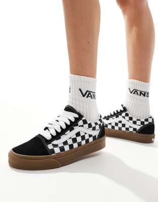 Vans old skool trainers with oversized laces in black and white checkerboard with gum sole