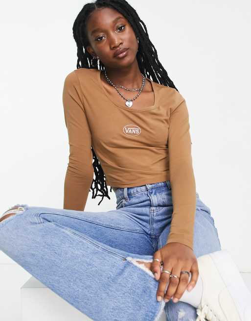 Vans Oval crop long sleeve t-shirt in brown Exclusive at ASOS