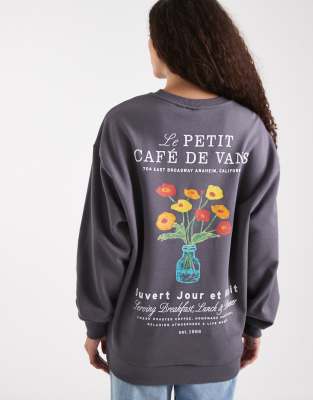 Vans - Oversize-Kapuzenpullover in Asphaltgrau mit „Café de Vans"-Print-Schwarz