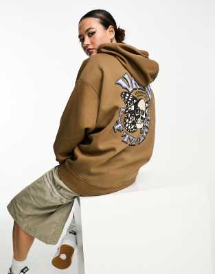 Vans oversized hoodie with skull fly back print in brown