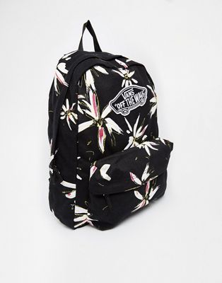 vans realm backpack in black floral print