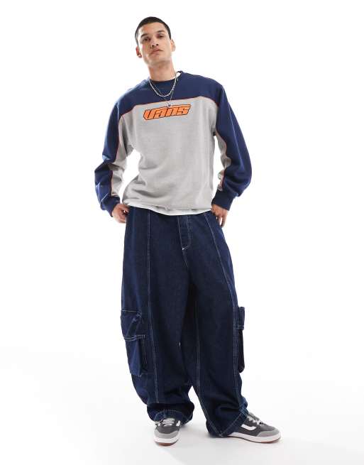 Vans Retro V Sweatshirt mit Rundhalsausschnitt in Blau und Grau
