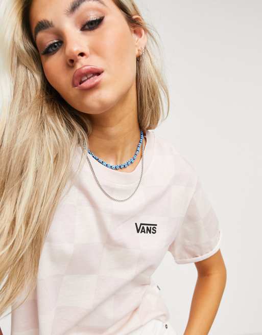 Vans – Różowy T-shirt z rolowanymi brzegami i wzorem w kratę