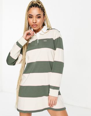 Vans Rugbee Polo striped dress in khaki and white