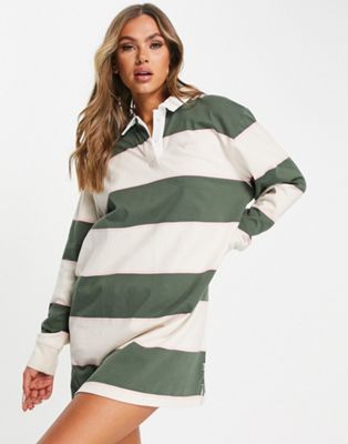 Vans Rugbee Polo striped dress in khaki and white