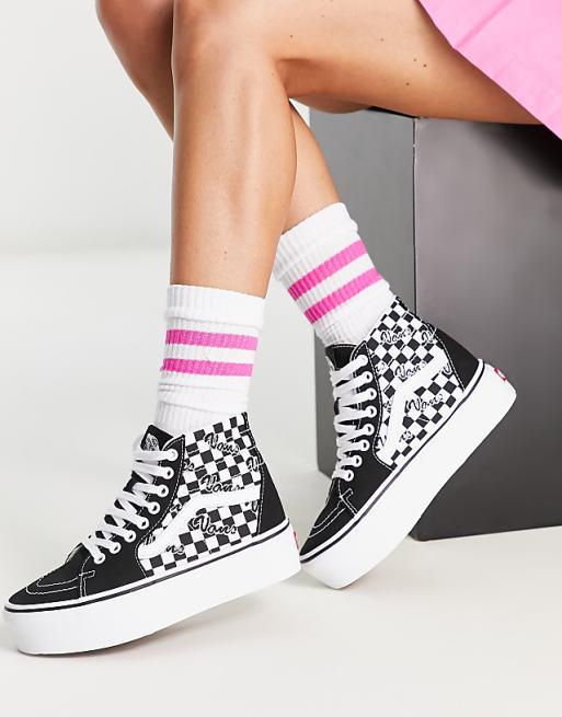 Vans - SK8-Hi - Baskets montantes fuselées à semelle compensée et motif damier - Noir/blanc | ASOS