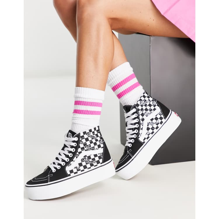 Vans SK8 Hi Baskets montantes fusel es semelle compens e et motif damier Noir et blanc