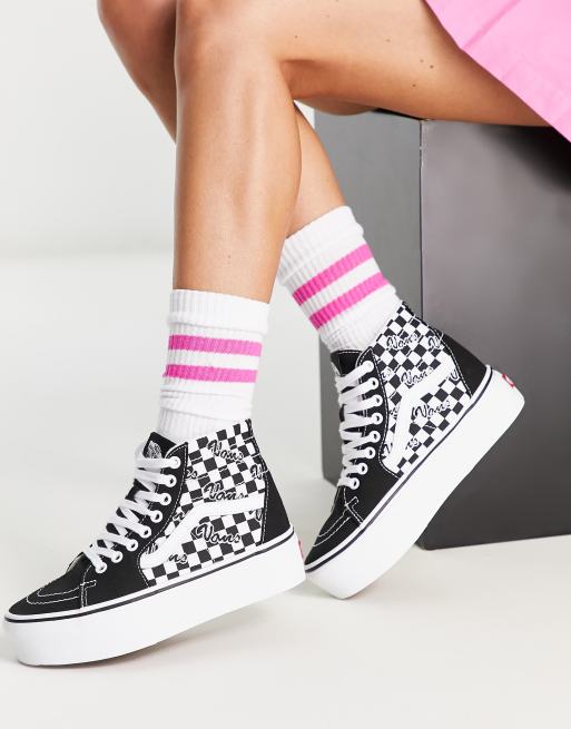 Vans SK8 Hi Baskets montantes fusel es semelle compens e et motif damier Noir et blanc