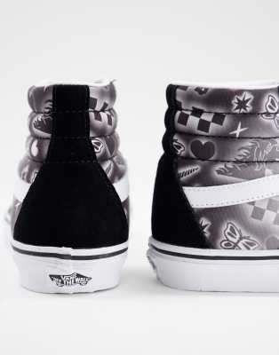 purple and black high top vans