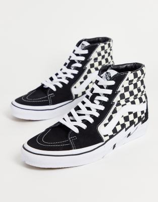 black checkerboard high top vans