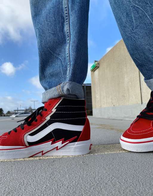 Red high top store vans on feet