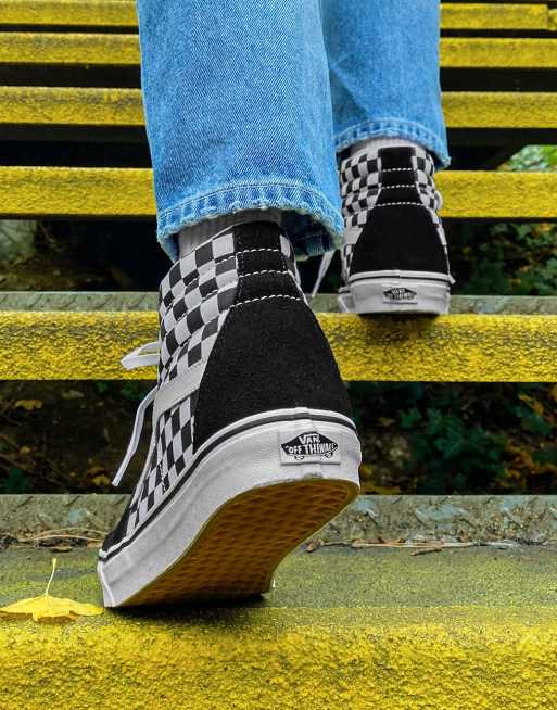 High top black cheap and white checkered vans