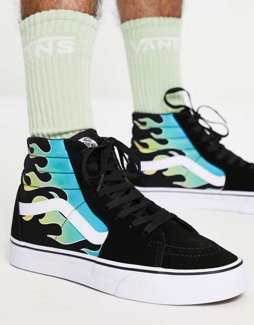 Vans SK8 Hi Flame printed sneakers in black and blue ASOS