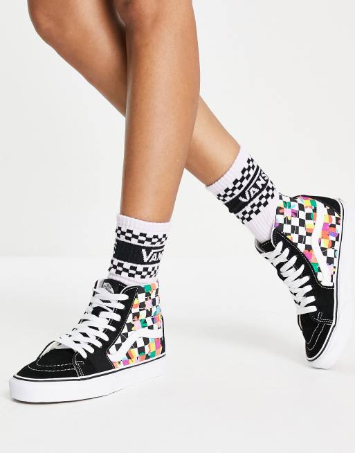 Vans Sk8 Hi floral checkerboard sneakers in black and white