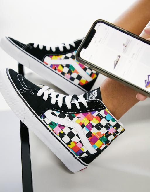 Vans SK8 Hi floral checkerboard trainers in black and white