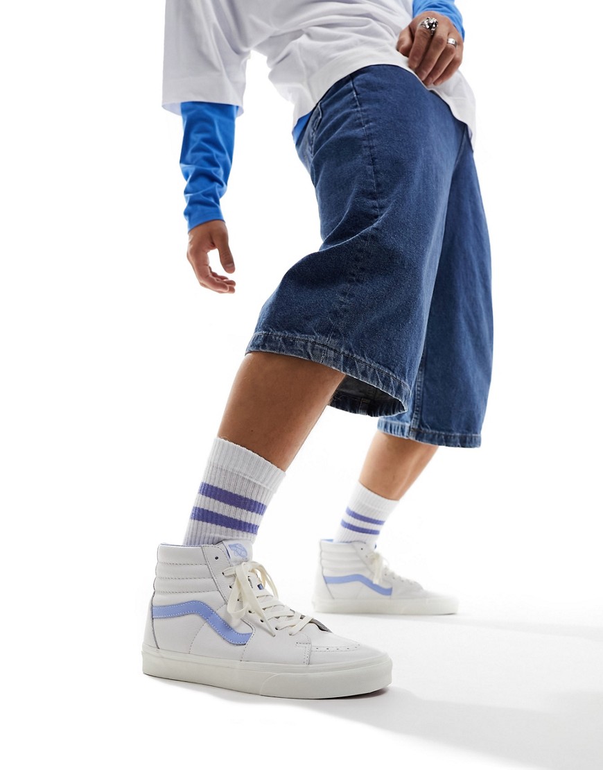 Vans Sk8-hi Leather Sneakers In White And Blue Detailing