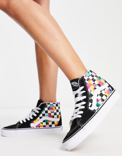 Vans SK8 Hi Sneakers alte nere e bianche a scacchi e a fiori