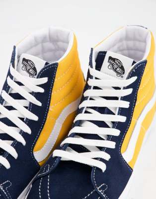 blue and yellow high top vans