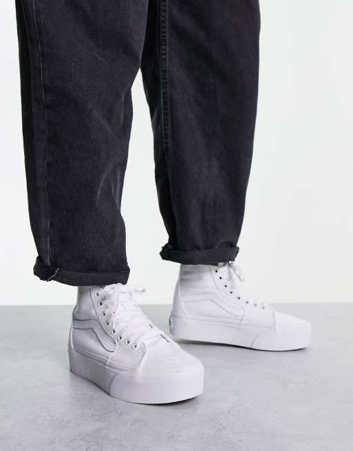 VolcanmtShops Hi tapered stackform sneakers in white Vans Sk8