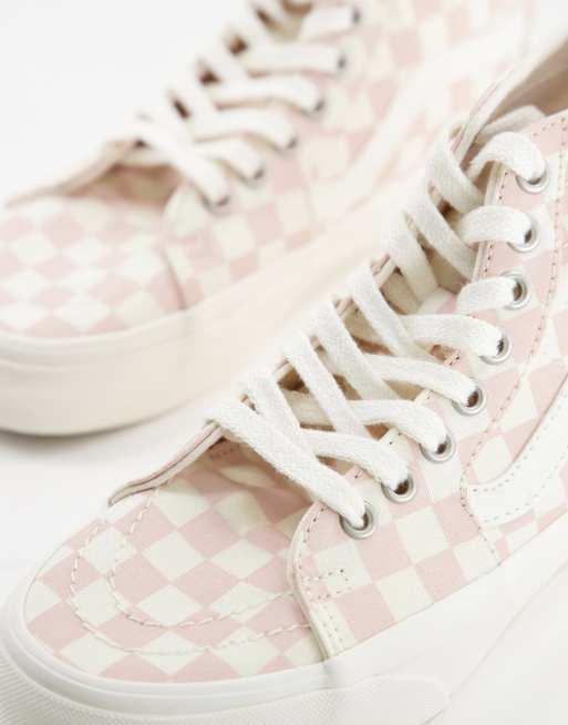 Pink and white shop checkered high top vans