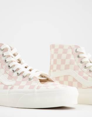 pink checkerboard high top vans