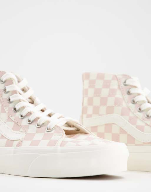 Pink and white 2024 checkered high top vans