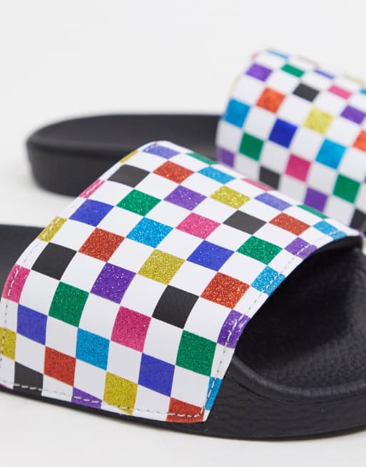 Vans checkerboard hotsell slides rainbow