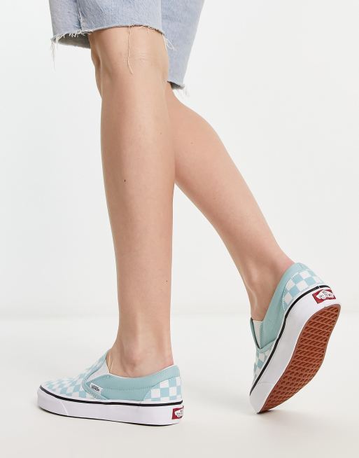 Baby blue slip on clearance vans with checkerboard stripe