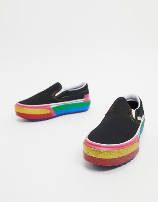 White slip on vans best sale rainbow bottom