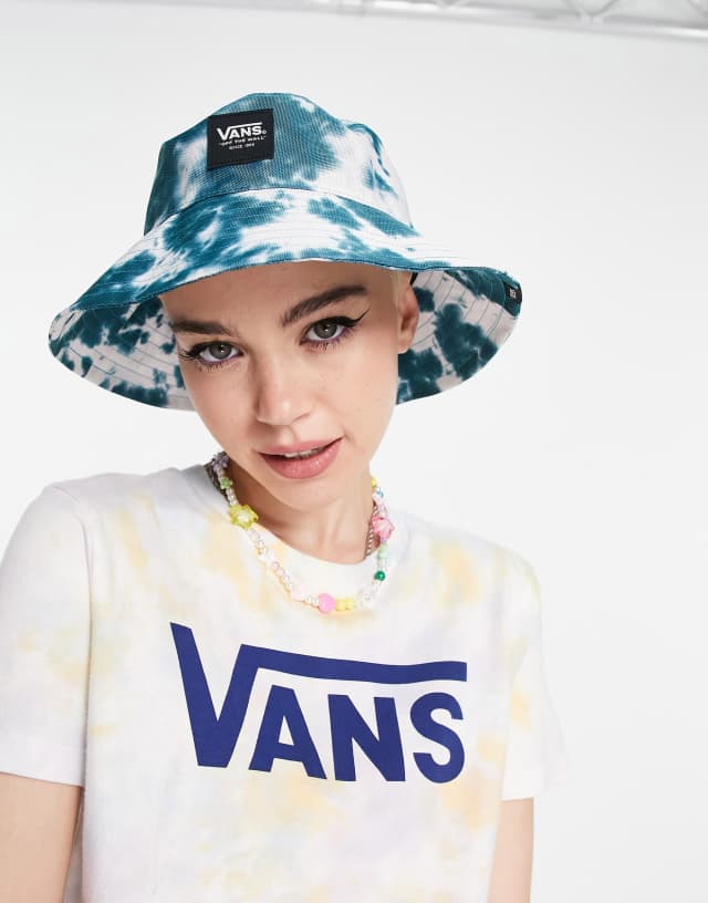 Vans Step Up tie dye bucket hat in teal and white