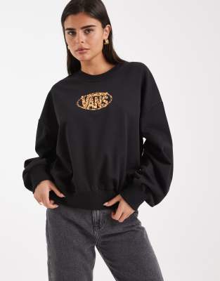 Vans - Sweatshirt in Schwarz mit Rundhalsausschnitt und ovalem Leopardenmuster-Print