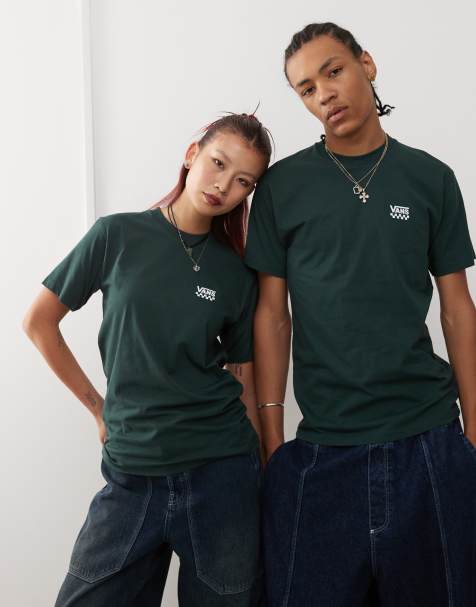 Vans – T-Shirt in Grün mit Schachbrettmuster-Logo auf der linken Brust - view 1