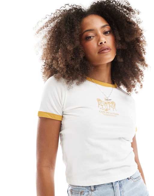Vans - T-shirt met gekleurde randjes en De La Vans-print in marshmallow